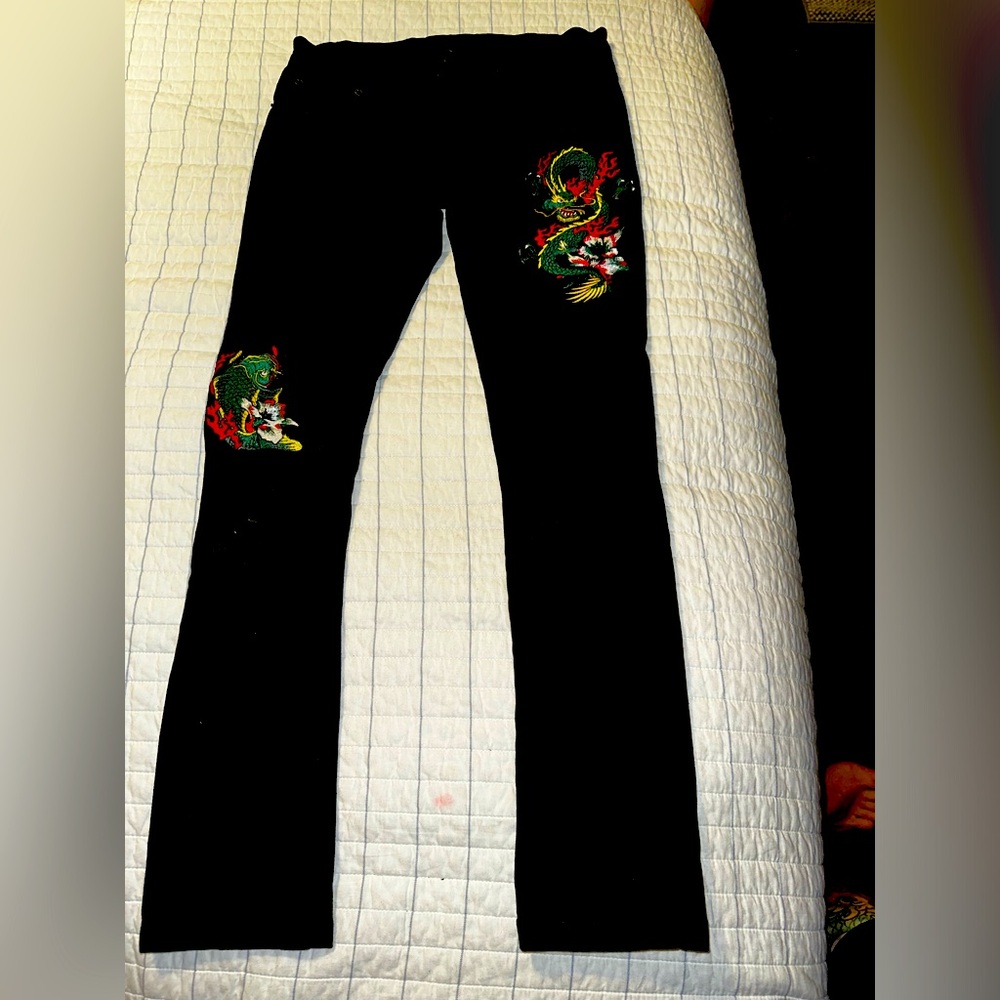 Young & Reckless Jeans Mens‎ Size 29 Distressed Fire Dragon Fish Flames Skater